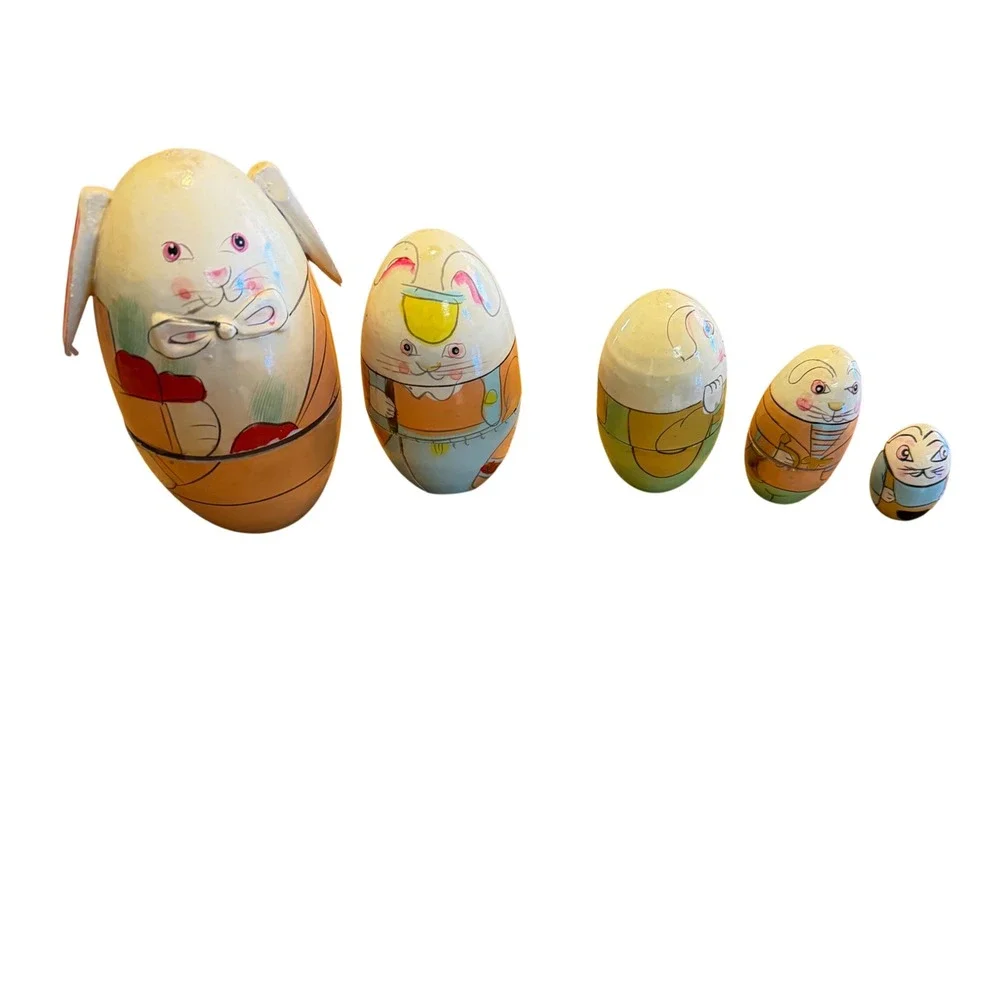 Vintage Wooden Bunny Nesting Dolls Set 5 Piece Easter Rabbit Egg READMulticolor